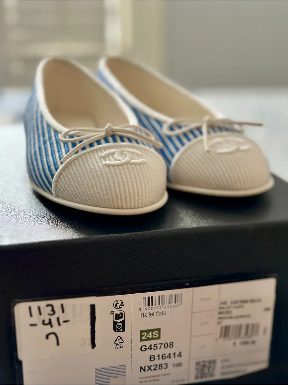 CHANEL Blue Striped and Cream Cap-Toe Ballet Flats